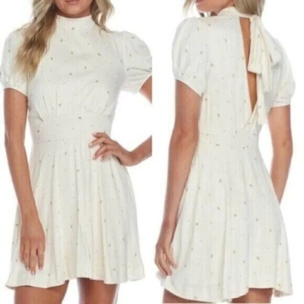 NWT Free People Mini Dress Size 4 Small Abbie Printed Fit and Flare Ivory Boho